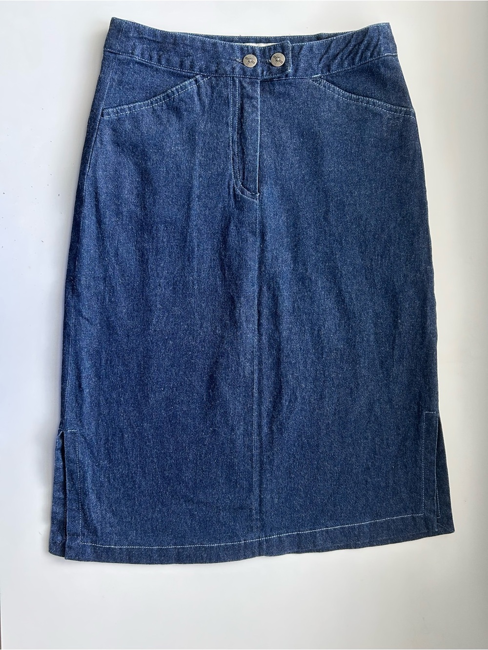 Maxi Girl Denim Midi Skirt Blue Stretch Cotton Side Slit Waist 24